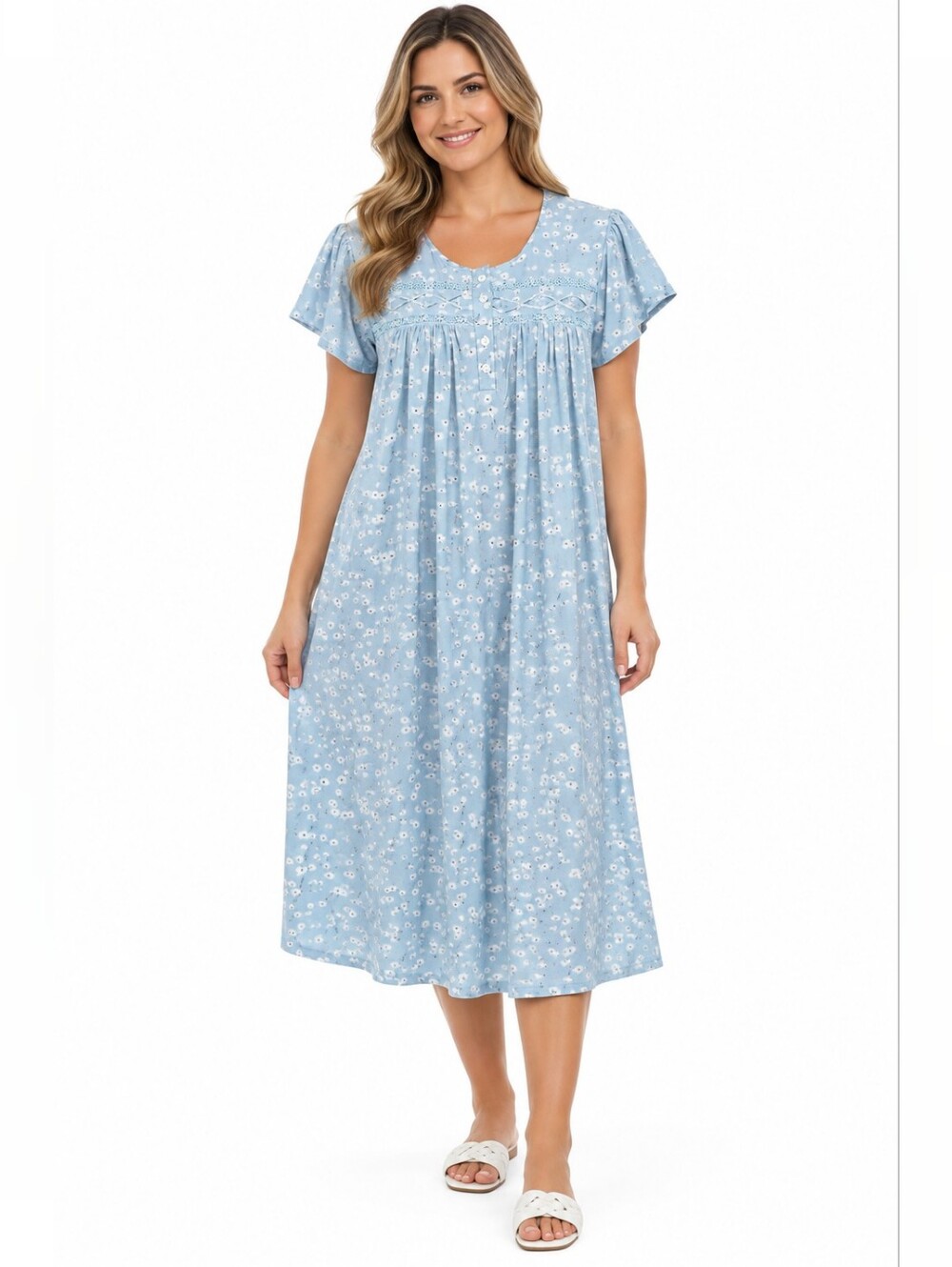 Amanda Pauge Light Blue Floral Short-Sleeve Nightgown for Women SIze S